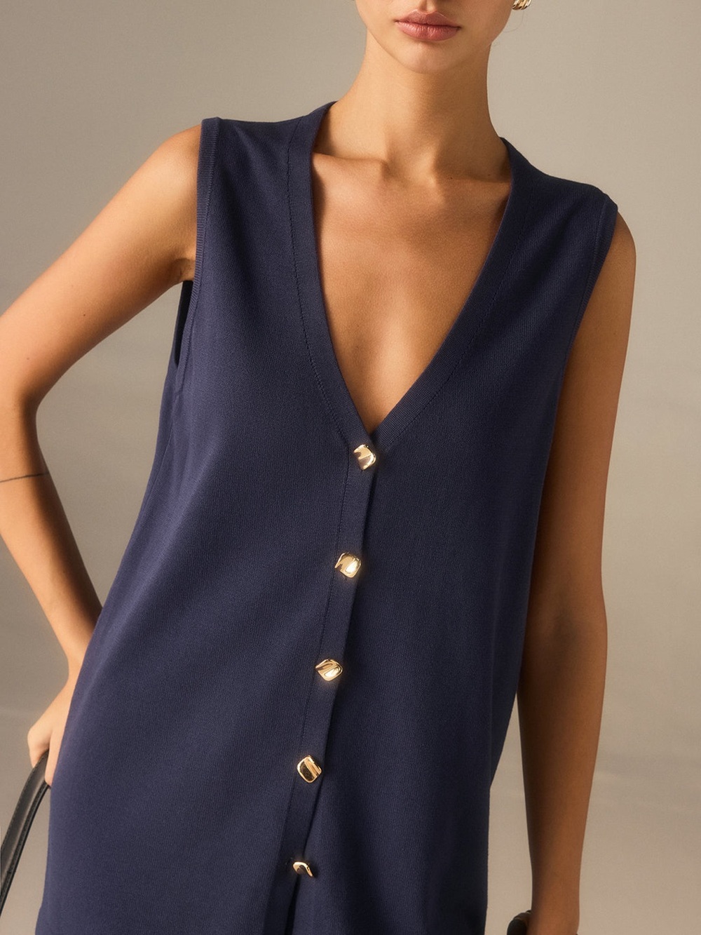 COMMENSE Golden Button Knit Vest Pants Set XL navy wide leg sleeveless high rise - Picture 3 of 16